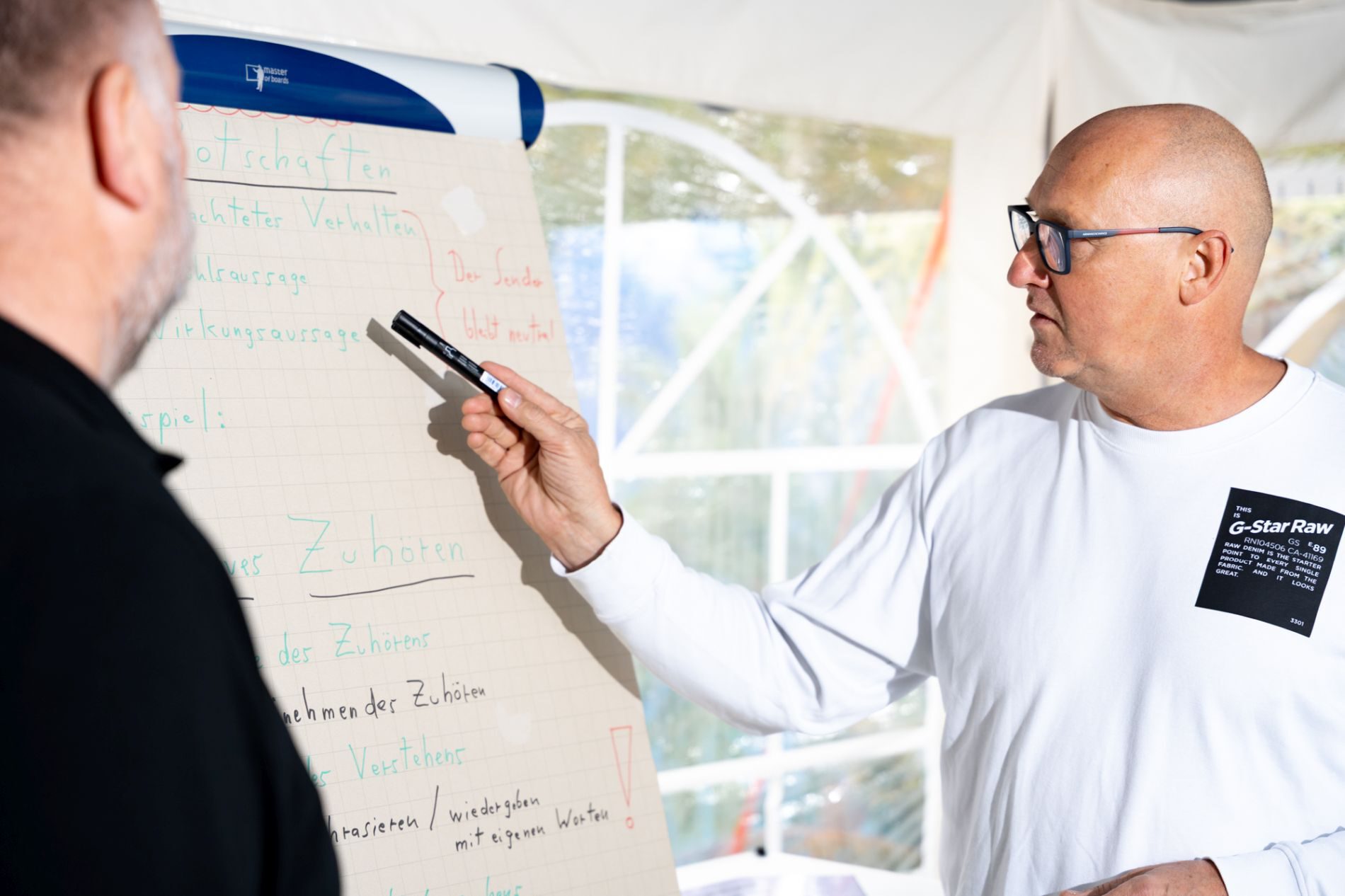 Mann, der mit einem Marker auf einem Flipchart schreibt, während er mit einer anderen Person spricht.